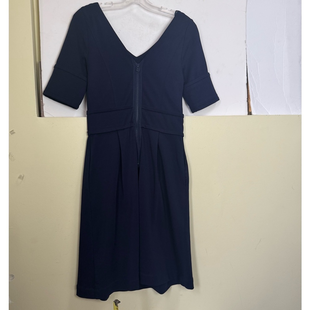 Pink Tartan V Neck Fit Flare Sheath Dress Pockets Stretch Preppy Minimal Navy S - Picture 3 of 16